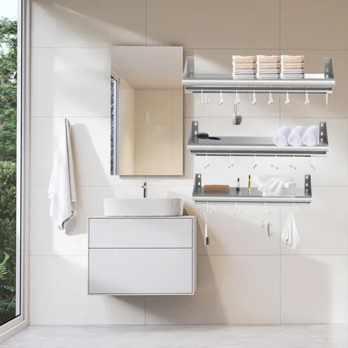 Miniatura 7 de Skyflame Estante de acero inoxidable de 12 x 24 pulgadas montado en la pared, estante de pared con 4 ganchos para cocina, baño y sala de estar