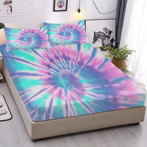 Miniatura 18 de MUSOLEI Juego de sábanas bajeras de teñido anudado para niñas, color rosa y azul, juego de ropa de cama bohemio de 2 piezas, sábana bajera de Tie Dye
