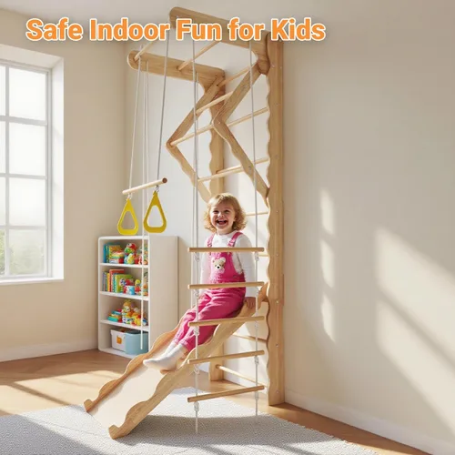 Miniatura 3 de Gimnasio de la selva de madera 5 en 1 para interiores para niños, escalera sueca montada en la pared con barra de agarre, anillos, columpio