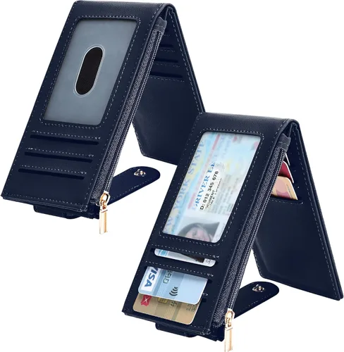 Miniatura 2 de Chelmon Billetera de mujer delgada con bloqueo RFID plegable multitarjetas con bolsillo con cremallera, Azul marino, Talla única, Minimalista