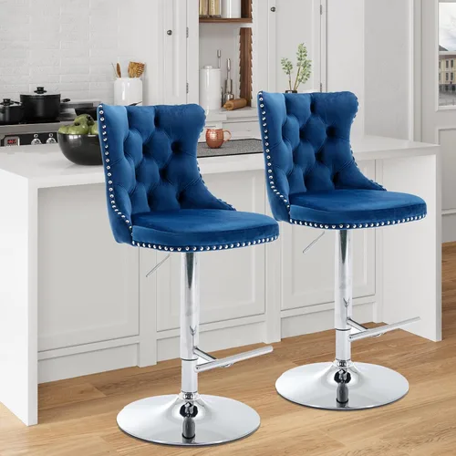 Miniatura 21 de Aoowow Juego de 2 taburetes de bar giratorios ajustables con respaldo de terciopelo copetudo, sillas de bar modernas tapizadas con cabeza de clavo