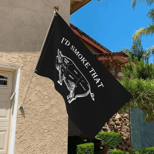 Miniatura 5 de Bandera de barbacoa divertida con texto en inglés "I'd Smoke That Pig" de 3 x 5 pies, colores vivos y resistentes a la decoloración UV, banderas