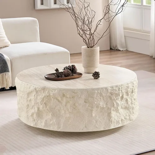 Miniatura 15 de JUSTONE Mesa de Centro Redonda para Sala de Estar, Mesa de Acento Moderna de 31.5 Pulgadas con Acabado de Piedra Artificial Beige Desgastado, Mesa