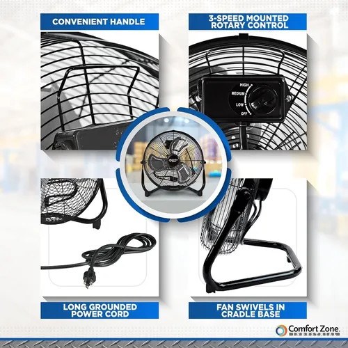 Miniatura 6 de Comfort Zone Ventilador de Piso Tipo Cuna, Eléctrico, Alta Velocidad, Inclinación Ajustable de 180 Grados, 14 Pulgadas, 3 Velocidades, Asa
