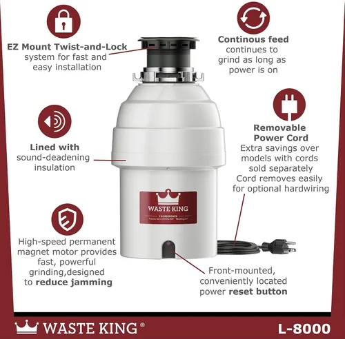 Miniatura 3 de Waste King Legend Series 1 HP - Triturador de basura de alimentación continua con cable de alimentación, (L-8000) y tapón de eliminación de basura