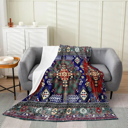 Miniatura 22 de Erosebridal Manta Bohemia de Tiro 40x50 Pulgadas, Retro Azul Amarillo Degradado Rojo Floral Bohemio Tribal de Vellón, Vintage Antiguo Enrejado