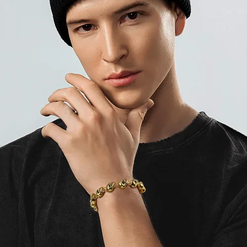 Miniatura 31 de U7 Pulseras góticas de calavera para hombres y mujeres, acero inoxidable, chapado en oro de 18 quilates, plata, negro, punk, esqueleto punk