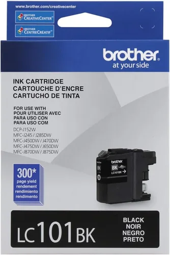 Brother Cartucho de tinta negro genuino de rendimiento estándar, LC101BK, tinta negra de repuesto, rendimiento de hasta 300 páginas, LC101