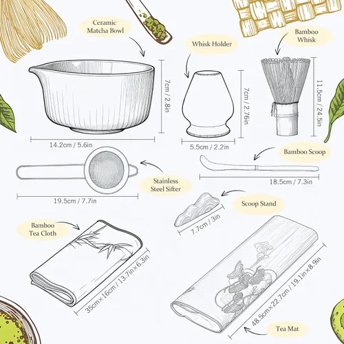Miniatura 3 de Traditional Matcha Tea Set, 8-Piece Complete Matcha Kit Set with Chawan Ceramic Bowl with Spout, Bamboo Whisk and Holder, Scoop, Sifter, Tea Towel