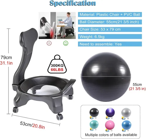 Miniatura 3 de Silla ergonómica de oficina, bola de yoga negra y kit de base, silla de bola de estabilidad de 21.6 pulgadas para sentarse prolongado/inquieto