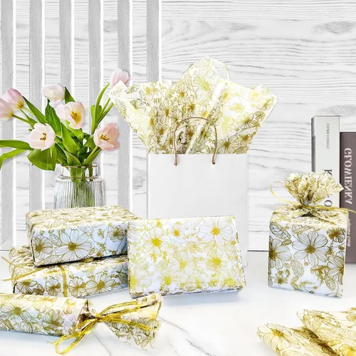 Miniatura 6 de TTLLQQ 40 hojas, 20 x 26 pulgadas, papel de seda impreso con estilo floral dorado para cajas de regalo, envoltura de regalo, manualidades, bodas