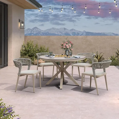 Miniatura 14 de PURPLE LEAF Juego de comedor redondo de 5 piezas de gran tamaño, marco de aluminio y mimbre de ratán para patio, mesa y sillas con cojines