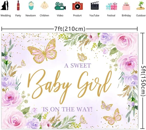 Miniatura 3 de Decoración de mariposa para baby shower para niña, telón de fondo de 7 x 5 pies, A Sweet Baby Girl is on the Way Flores florales moradas Fondo