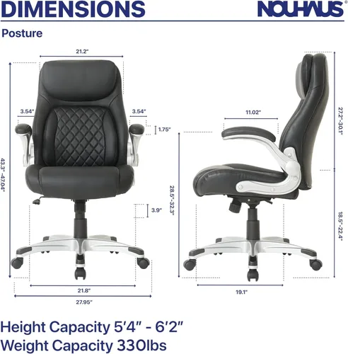 Miniatura 3 de Nouhaus +Posture Silla ergonómica de oficina de cuero PU. Soporte lumbar Click5 con apoyabrazos FlipAdjust. Silla ejecutiva moderna y silla de Negro