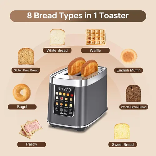 Miniatura 2 de Mecity Tostadora de 2 rebanadas con pantalla táctil y elevación automática, tostadora de acero inoxidable de tacto frío con 8 ajustes de pan, 5