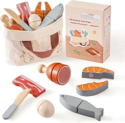 Miniatura 10 de ROBOTIME Juego de Comida de Juguete de Madera para Cortar Pan, Juguete de Comida de Simulación para Cocina de Juguete con Bolsa de Compras