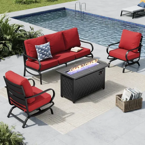 Miniatura 30 de MFSTUDIO Juego de muebles de patio de 6 piezas con mesa de fogata de gas de 45 pulgadas (hasta 7 asientos), sofás de conversación de patio con marco