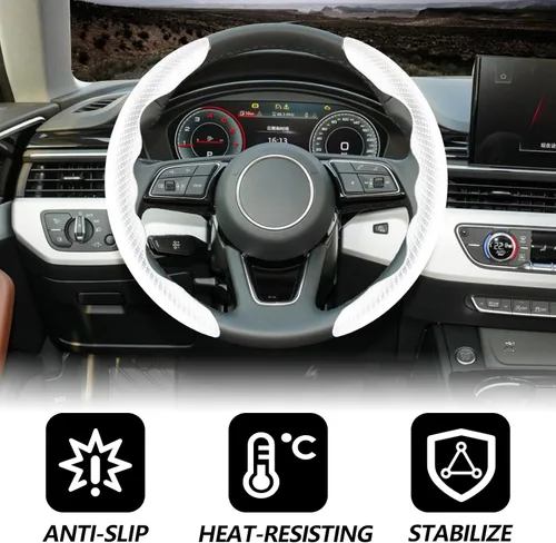 Miniatura 4 de 2 piezas fundas de volante de fibra de carbono de ajuste universal, antideslizante, protector de volante segmentado, accesorios interiores de Blanco