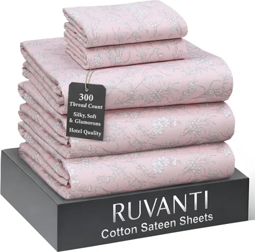 Miniatura 49 de RUVANTI Juego de sábanas de 100 % algodón tamaño matrimonial, tejido de satén suave y sedoso de 300 hilos, refrescante, ligero y transpirable, Beige