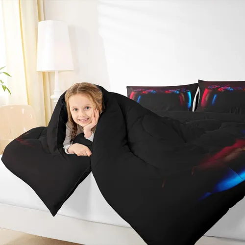 Miniatura 5 de Juego de edredón de videojuegos para niños, niñas y hombres, juego de ropa de cama con estampado de consola de videojuegos negro, decoración