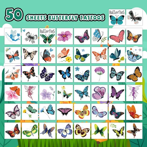 Miniatura 2 de EMOME 50 hojas de tatuajes temporales de mariposa para niñas, tatuajes envueltos individualmente para fiestas de cumpleaños de mariposas