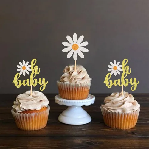 Miniatura 4 de Paquete de 24 adornos para cupcakes Daisy Oh Baby White Daisy para cupcakes temáticos boho Groovy Daisy, revelación de género de bebé, flores