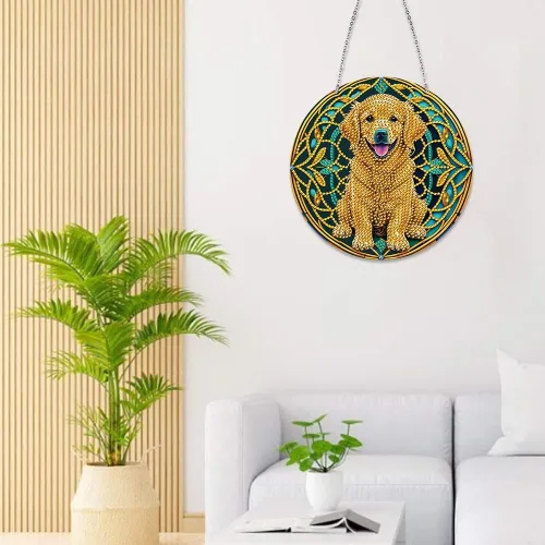 Miniatura 4 de LUSandy Kit de pintura de diamante 5D Golden Retriever DIY para colgar en la pared, letrero de arte para perro, diamante, atrapasoles, adorno
