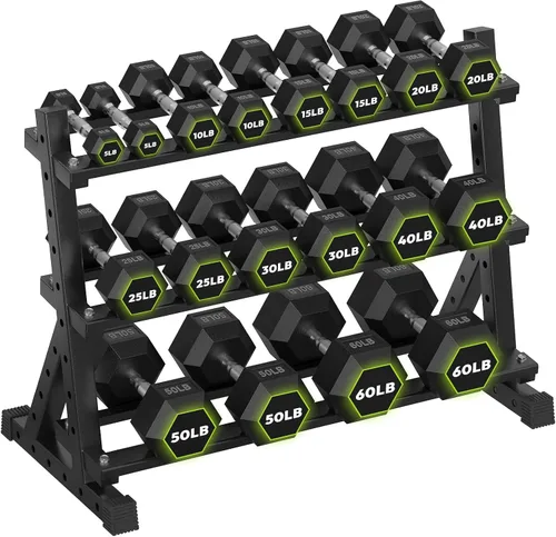 Miniatura 9 de HANDBODE Soporte para mancuernas de 3 niveles, estante de almacenamiento de capacidad de 1000 libras, estante de pesas para mancuernas, pesas rusas