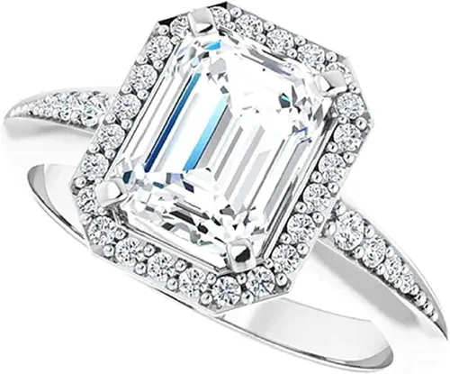 Moissanite World - Anillo de compromiso trenzado de moissanita esmeralda incoloro de 30 quilates estilo halo solitario plata y vintage anillo de