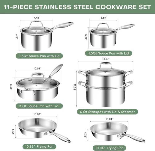 Miniatura 2 de Juego de 11 piezas de ollas y sartenes, juego de utensilios de cocina de acero inoxidable 18/10, compatible con inducción, revestimiento libre