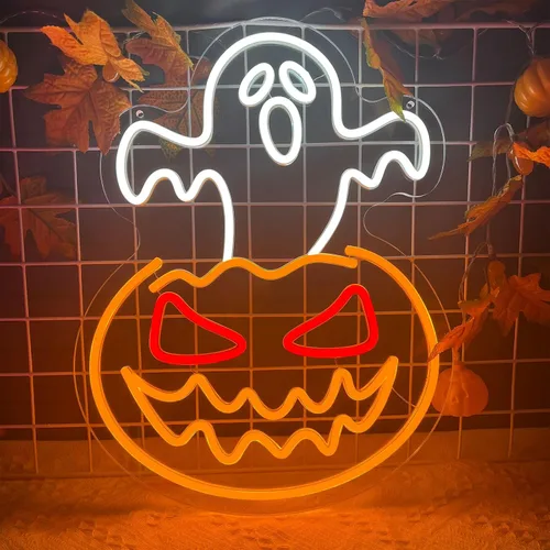 Miniatura 3 de Letrero de neón de calabaza fantasma de Halloween, cara de fantasma, luz de neón espeluznante de calabaza de neón, letreros LED regulables