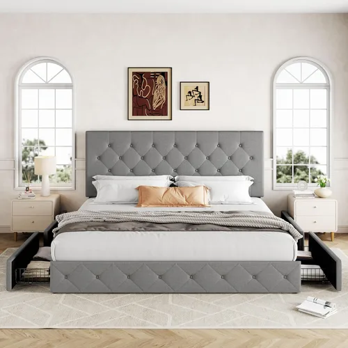 Miniatura 3 de Allewie - Base de cama con plataforma de tamaño King, tapizada, con 4 cajones de almacenamiento y cabecera, diseño cosido en forma de diamante