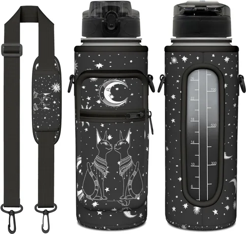 Miniatura 15 de Goth Moon Botella de agua de medio galón con funda - Botella de agua con tapa abatible sin BPA de 32 onzas - con marcador de tiempo, jarra de agua a