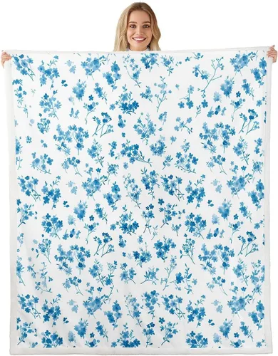 Manfei Blue Flower Throw Blanket Watercolor Floral Print Fleece Blanket Botanical Wildflower Cozy Throws for Bed Couch Sofa,Kids Boys Girls Room