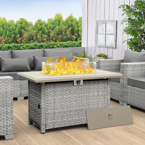 Miniatura 2 de WAROOM Fogata de propano para exteriores, mesa de fogata de patio de mimbre PE de 43 pulgadas con protector contra el viento de vidrio, vidrio