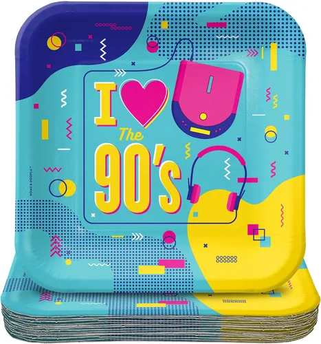 Miniatura 22 de HOME & HOOPLA Suministros para fiestas de los 80 - Platos de postre de papel cuadrados con íconos totalmente geniales de los años 1980 para 16