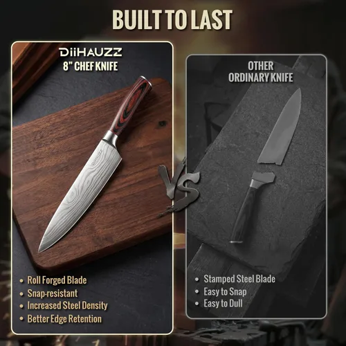 Miniatura 4 de DiiHAUZZ Cuchillo de chef de 8 pulgadas, cuchillo de cocina ultra afilado en acero inoxidable de alto carbono para chefs profesionales y caseros