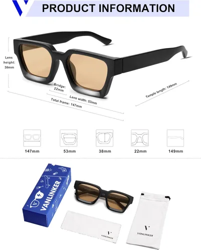Miniatura 15 de VANLINKER Gafas de sol cuadradas gruesas para hombres y mujeres, retro, rectangulares, con protección UV400, VL9731