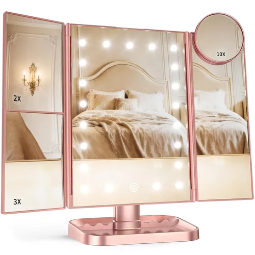 Miniatura 8 de HUONUL Espejo de Maquillaje de Tocador con Luces, Aumento 2X 3X 10X, Control Táctil, Espejo Tríptico, Fuente de Alimentación Doble, Regalos
