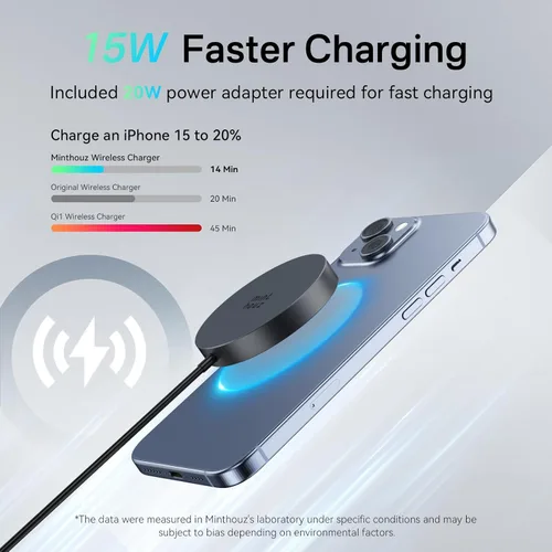 Miniatura 2 de Cargador inalámbrico magnético, cargador inalámbrico Minthouz de 15 W de carga rápida para iPhone, almohadilla de carga inalámbrica segura para Negro