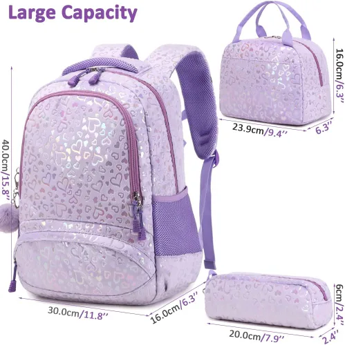Miniatura 39 de Juego de mochila para niñas y adolescentes, mochila escolar para niños con bolsa para el almuerzo, estuche para lápices, mochilas escolares