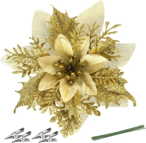 Miniatura 16 de FurRain Flores Artificiales de Navidad de Poinsettia 5.5" Guirnalda de Árbol de Navidad 12 Piezas Flores con Brillantina Adornos para Navidad Nueva