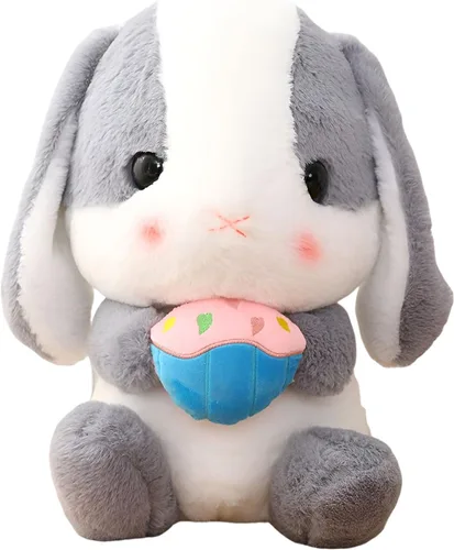 HOUPU Peluche suave - Conejo con orejas caídas sentado, conejo blanco de Pascua, conejo de peluche con zanahoria suave, encantador, realista, de