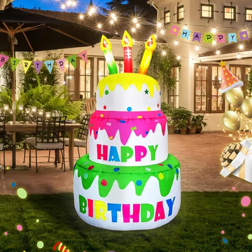 Miniatura 8 de Pastel inflable de cumpleaños de 4 pies de alto, regalo de cumpleaños novedoso, pastel de cumpleaños inflable con velas iluminadas, 6 luces LED