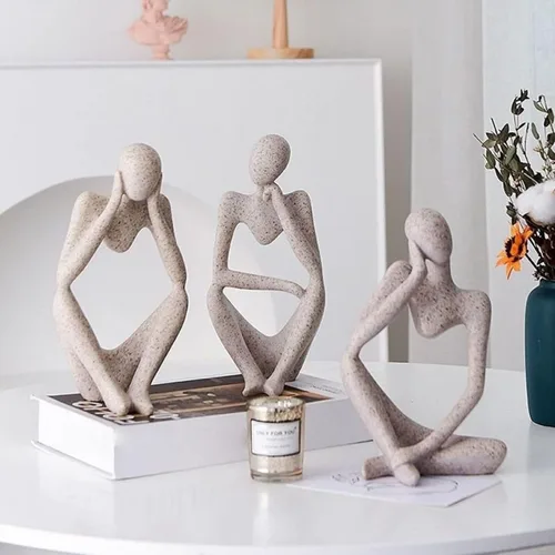 Juego de 3 estatuas de resina de Thinker, adorno abstracto personalizado para oficina, sala de estar, escritorio, decoración de habitación (piedra