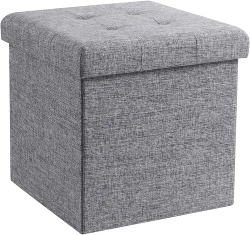 Ornavo Home Otomán de Almacenamiento Plegable de Lino Acolchado Cubo Cuadrado Reposapiés/Asiento - 15" x 15" x 15" (Gris)