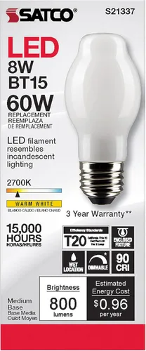 Miniatura 3 de Satco Bombillas LED S21337 BT15 de 8 W, 120 V, 2700 K, blanco cálido, 800 lúmenes, acabado esmerilado, base media, regulable, ubicación húmeda