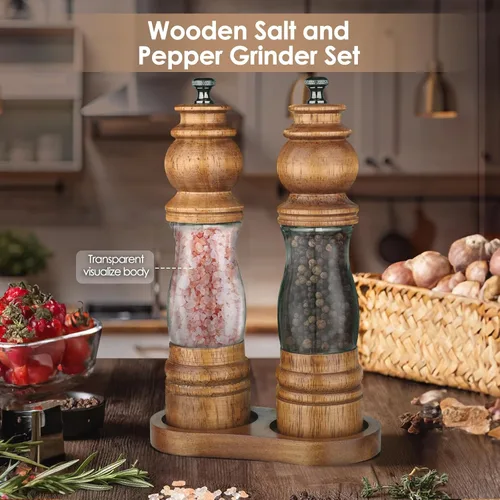 Miniatura 3 de Juego de molinillo de sal y pimienta de madera con bandeja y cuchara de madera, molinillo manual de sal y pimienta de 8 pulgadas, grosor ajustable