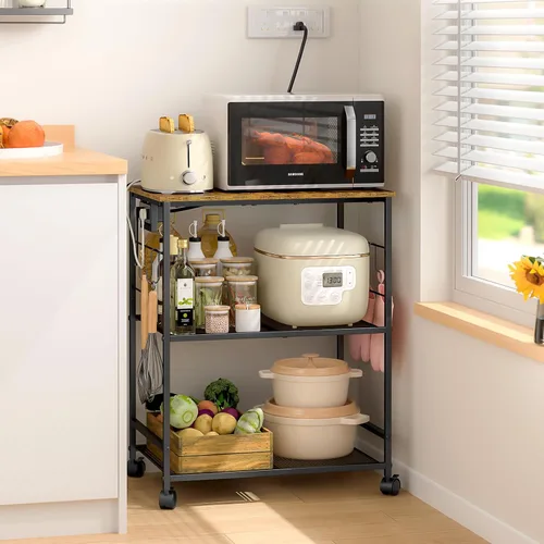 Miniatura 7 de ThreeHio Carrito de microondas de cocina rodante, soporte de mesa de microondas de 3 niveles con almacenamiento, carrito de cocina con ruedas