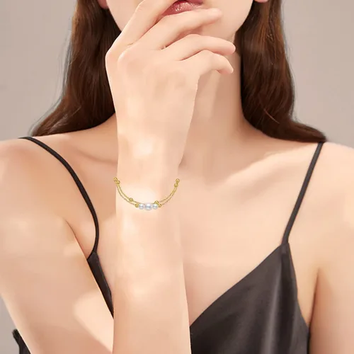 Miniatura 2 de Pulseras de perlas de oro de 14 quilates para mujer, pulsera de doble cadena de oro macizo con perlas cultivadas de agua dulce, joyería